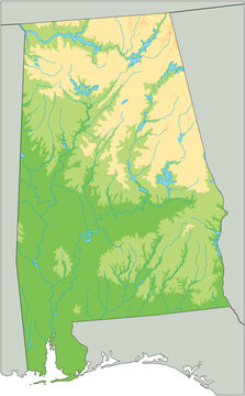 High detailed Alabama physical map.