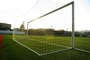Close up shot of goal post in a footall pitch