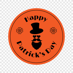 Happy Patrick's Day vector illustration of festive design. Black and orange colors. Sticker with thematic decor and text. Design for decorating banners, flyers, greeting cards, logos, prints, packings