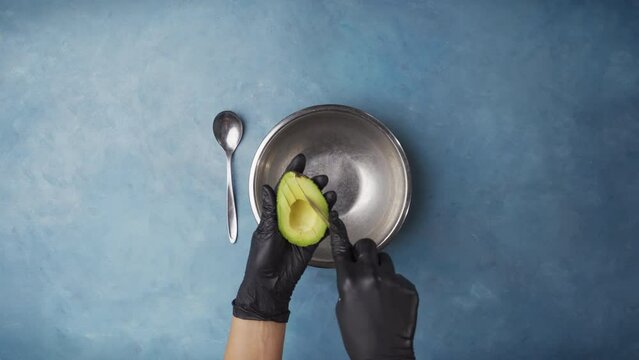 Tuna Poke Bowl Preparation On A Blue Table