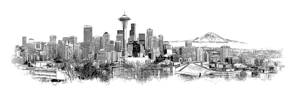 Seattle skyline ink sketch illustration.