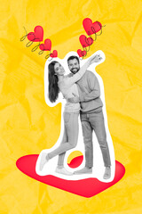 Vertical collage image of two black white colors people hug toothy smile drawing hearts isolated on yellow background