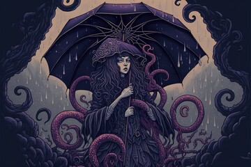 Girl with an umbrella, horror lovecraft illustration