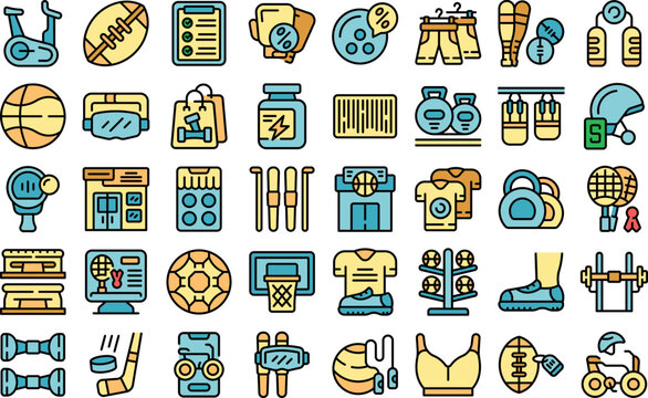 Sporting goods store icons set outline vector. Sport shop. Store goods color flat