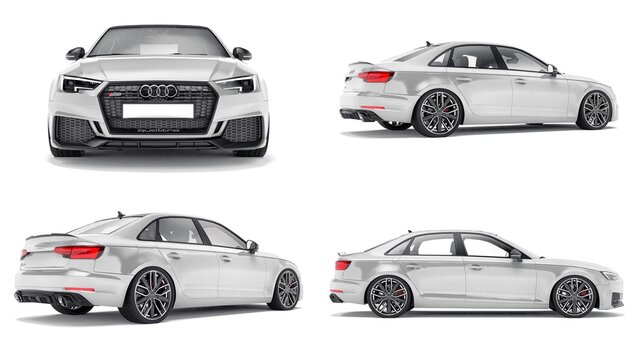 Paris, France. June 8, 2021: Audi RS4 Quattro 2018 luxury stylish car isolated on white background. 3d rendering.