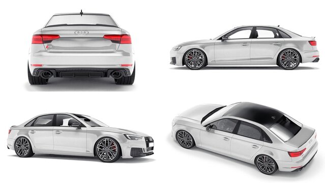 Paris, France. June 8, 2021: Audi RS4 Quattro 2018 luxury stylish car isolated on white background. 3d rendering.