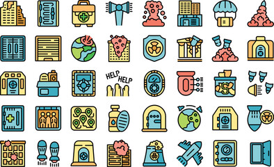 Bomb shelter icons set outline vector. Bunker bomb. Nuclear safe color flat
