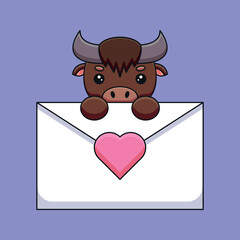 cute buffalo holding a love letter cartoon mascot doodle art hand drawn outline concept vector kawaii icon illustration