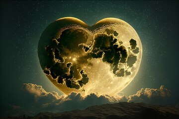 beautiful illustration of a heart shaped moon with some clouds, generative ai