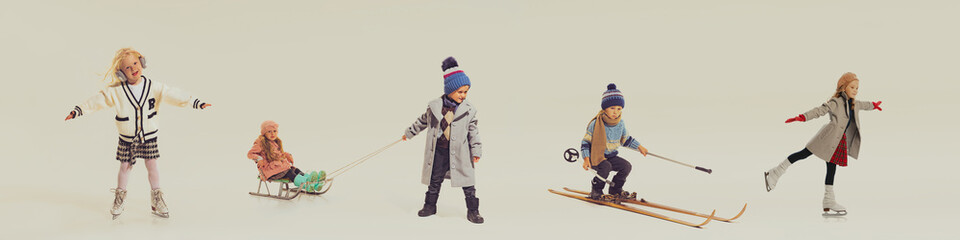Winter games. Banner with images of happy children in retro style clothes playing together, having fun isolated over grey background. Concept of childhood, friendship