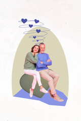 Vertical collage image of two idyllic aged people cuddle drawing hearts isolated on painted background