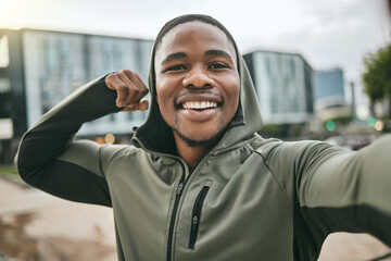 Fitness, selfie or happy black man with muscle smiles with pride after training, exercise or workout in city. Portrait, mindset or healthy sports athlete with body goals, strong motivation or mission