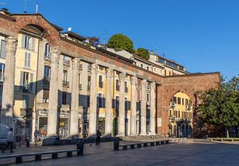 Fototapeta na wymiar Milano, Italy - located in front of the homonym basilica, the San Lorenzo columns are part of the Roman ruins of Milan and almost 2000 years old. Here in particular the colonnade seen from South 