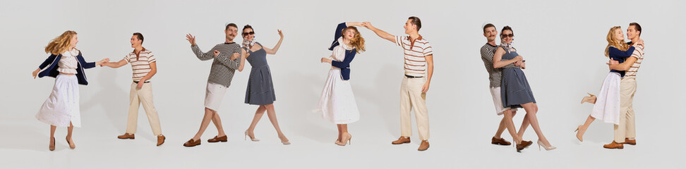 Banner with dynamic portraits of young beautiful couple, man and woman, dancing retro dances isolated over light background. Concept of vintage fashion, music, party, ad