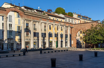 Milano, Italy - located in front of the homonym basilica, the San Lorenzo columns are part of the...