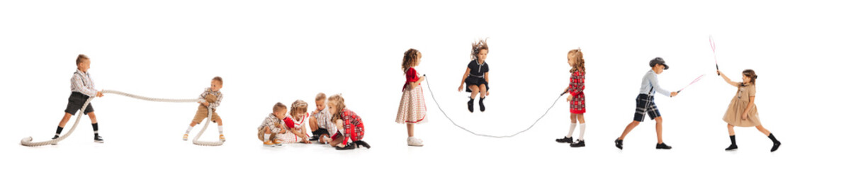 Horizontal banner with images of happy children in retro style clothes playing together, having fun isolated over grey background. Concept of childhood, friendship