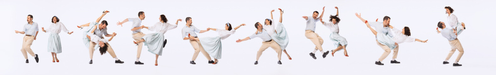 Banner with dynamic portraits of young beautiful couple, man and woman, dancing retro dances...