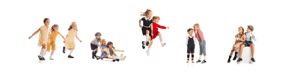 Collage with images of happy children in retro style clothes playing together, having fun isolated over grey background. Concept of childhood, friendship