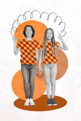 Vertical collage of two cheerful friendly young people black white gamma hold arms palm waving hi...