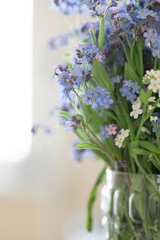 Forget-me-not flower bouquet close up macro. Selective focus