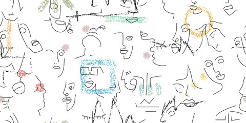Fototapeta na wymiar One line drawing. Abstract face seamless pattern.