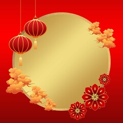 Chinese new year celebration background. Greeting card with lampion, clouds, flower and gold ornaments. Beautifully framed with golden frame and papercut style.
