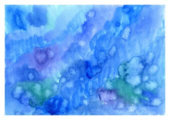 Fototapeta na wymiar Abstract decorative hand painted watercolour blue color background. Horizontal illustration.