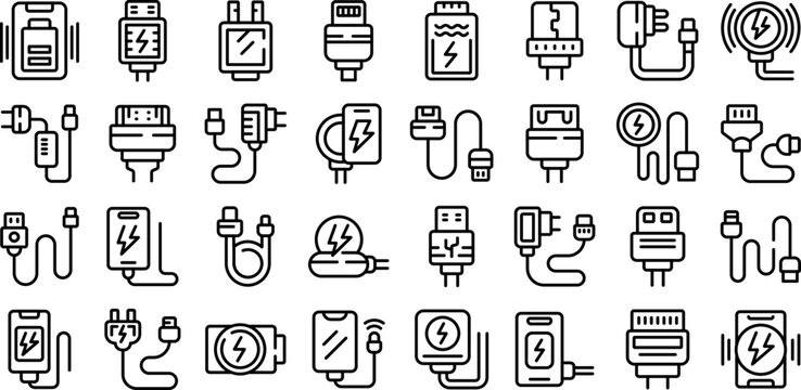 Phone charger icons set outline vector. Mobile cable Mobile cord