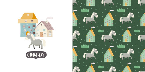 Rustic Print Card and Seamless Pattern for Kids Fabric, Textile, Wrapping Paper, Nursery Design. Vector Set with Cartoon Houses, Plants and Horse