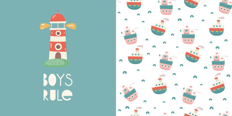 Nautical Print Card and Seamless Pattern for Kids Fabric, Textile, Wrapping Paper, Nursery Design. Vector Set with Cartoon Lighthouse, Marine Ship and Boat