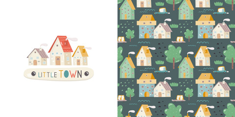 Little Town Print Card and Seamless Pattern for Kids Fabric, Textile, Wrapping Paper, Nursery Design. Vector Set with Cartoon Houses and Cars