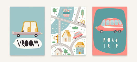 Nursery Wall Art Cute Posters Set with Different Cars and City Map. Vector Print for Baby Room, Shower Card, Kids T-shirt