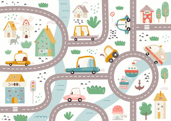 Cute Town Map. Play Mat for Kids. Cityscape with Cartoon Houses, Cars, Buildings School, Bank, Hotel, Cafe and City Road. Vector Illustration