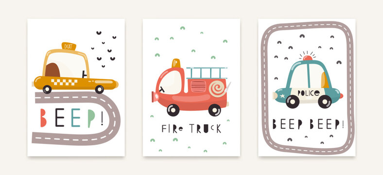 Nursery Wall Art Cute Posters Set with Different City Cars – Fire Truck, Police, Taxi. Vector Print for Baby Room, Shower Card, Kids T-shirt.