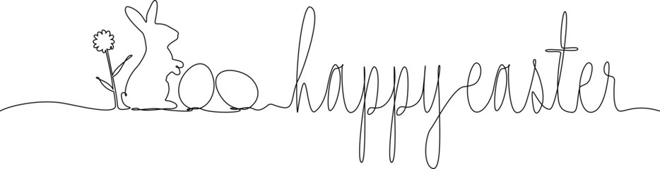 continuous single line drawing of easter bunny with eggs and text HAPPY EASTER, line art vector illustration