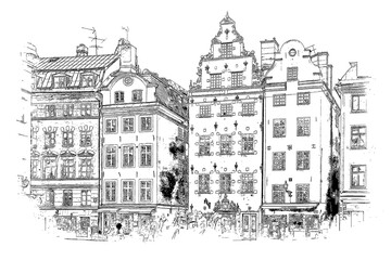 Obraz premium Stortorget public square in Gamla Stan in the Old Town of Stockholm, Sweden, ink sketch illustration.