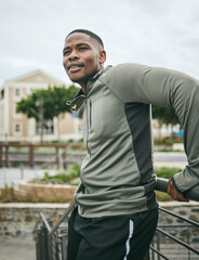 Fitness, relax or tired black man on a break in running training, exercise or workout in city of Miami, Florida. Resting, runner or healthy sports athlete thinking of body goals, motivation or vision