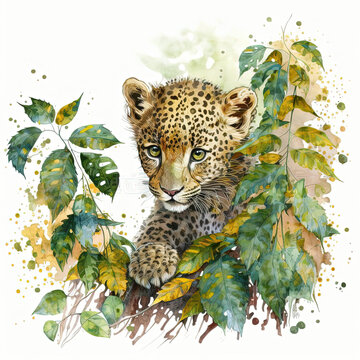 Watercolor Leopard With Leaves Around, Generative AI