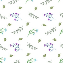 Watercolor seamless pattern with meadow  flowers, leaves, branches, berries. Hand drawn floral illustration isolated on white background. For packaging, wrapping design or print. Vector EPS.