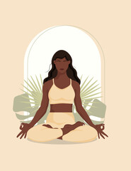 black  faceless  yoga girl in a yellow suit, in the lotus position  with plants