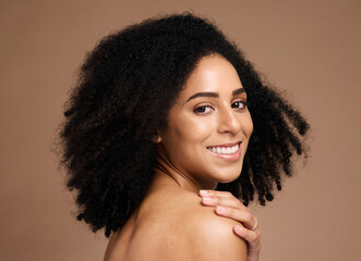 Afro woman, hand or face skincare on studio background in self love hug, healthcare wellness or...