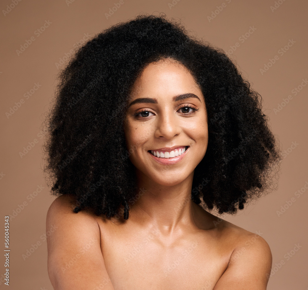 Poster Face, beauty and black woman in portrait, smile with skincare, glow and natural cosmetics, hair care and microblading. Teeth, clean with facial, healthy skin and wellness against studio background