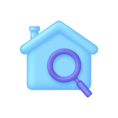 3D Search house icon. Search for real estate, home to buy, property for sale concept.
