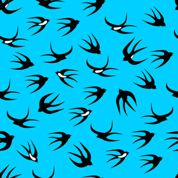 Swallows flying in sky. Seamless pattern. Vector .
