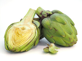 Artichoke flower edible bud whole and half of bud.