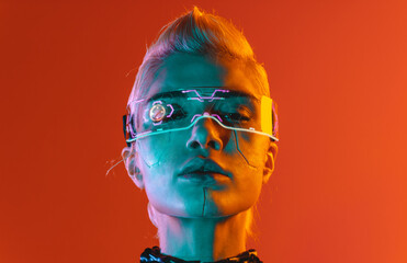 Representation of a bionic super human with advanced technology parts as vr visors and gadgets...