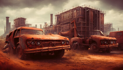 The ruined world, car on the foreground, environmental pollution, trash on the desert. Generative AI