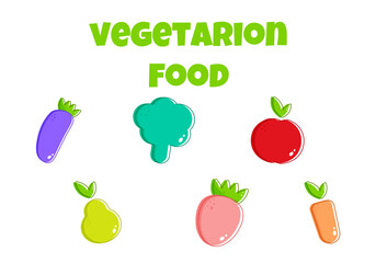 Friuts, vegetables, straberry vegetarion food. Icon on colorful backdrop. Isolated background. Vegetarian food. Healthy vegan food. Vector illustration