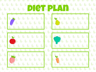 Diet plan on green background. Diet healthy concept. Weight loss concept. Healthy vegan food. Healthy food background. Health care. Weight loss program. Organic concept. Vector illustration