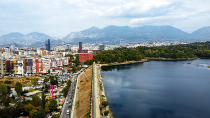 Fototapeta na wymiar Aerial drone view of Tirana, Albania